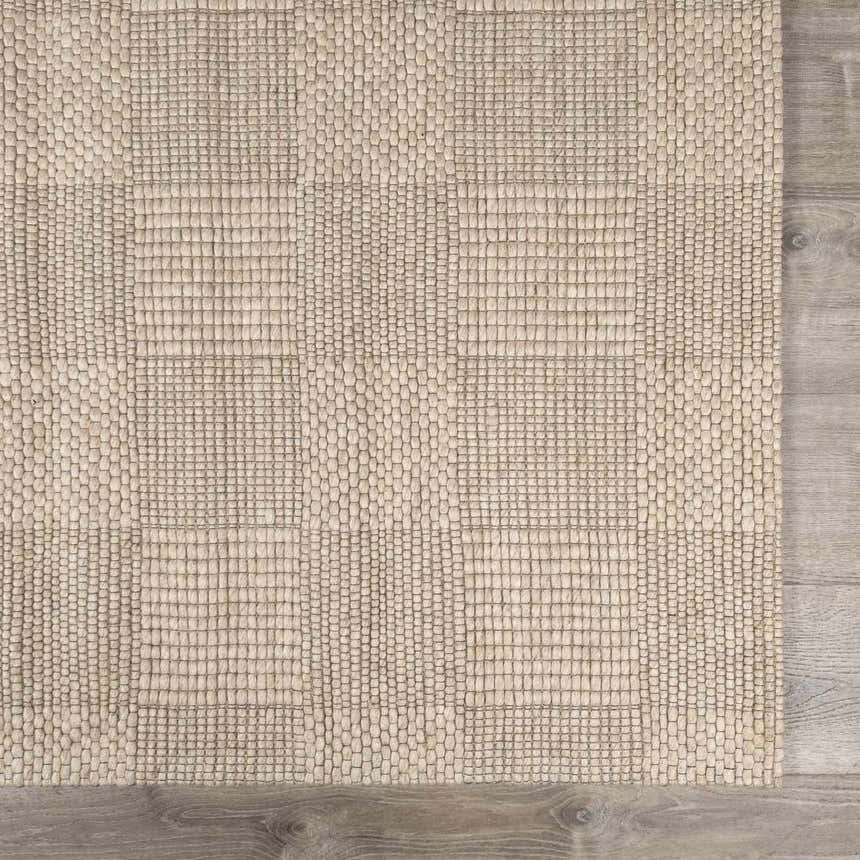 Close-up of the hand-woven Wolseth Area Rug, off-white color, with a subtle geometric pattern and textured wool and polyester blend. Swatch