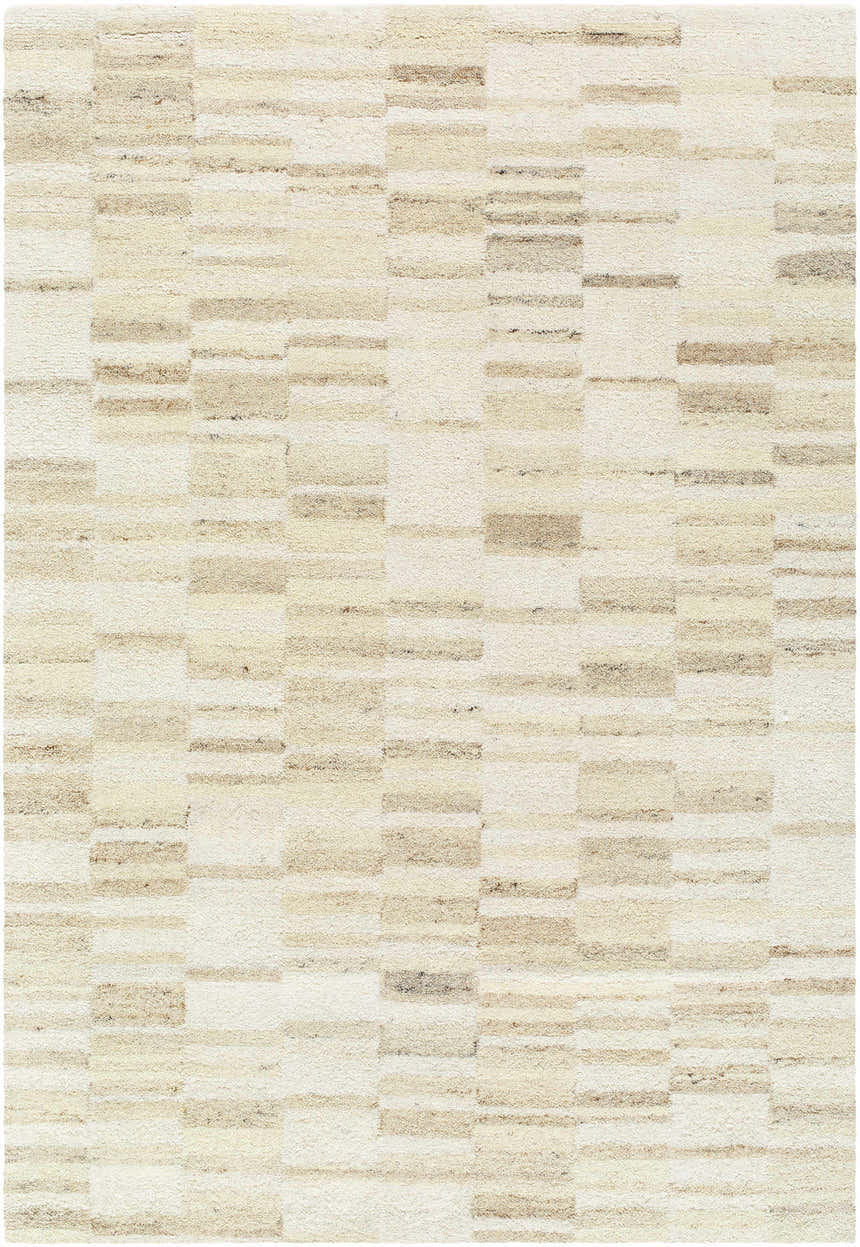 Close-up of the Max Handmade Becki Owens x LIVABLISS Area Rug. Beige, cream, and taupe wool rug with a contemporary geometric pattern. Design-Rectangle-576