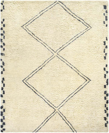 Close-up of the hand-tufted Audrey Area Rug. Ivory wool rug with charcoal diamond pattern and dotted border, farmhouse style. Design-Rectangle-810