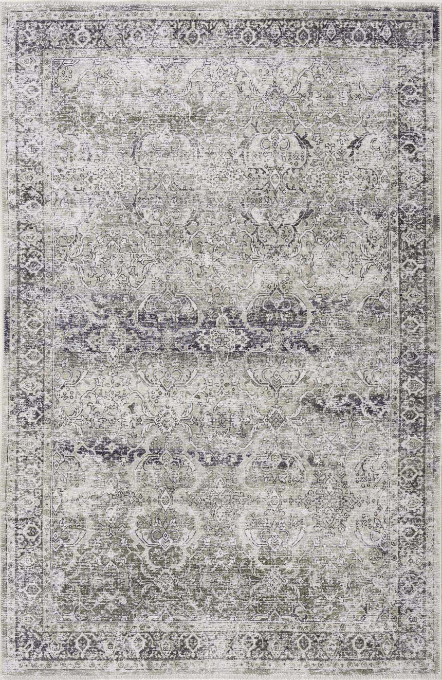 Close-up of the Gray Holi-4607 Washable Area Rug. Features a traditional vintage pattern in gray and white tones. Design-Rectangle-5373
