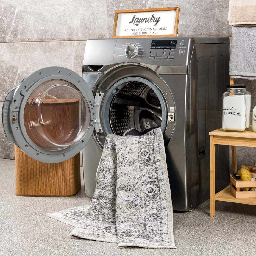 Laundry room scene with Gray Holi-4607 Washable Area Rug coming out of the washing machine. Farmhouse style. Washing-Machine