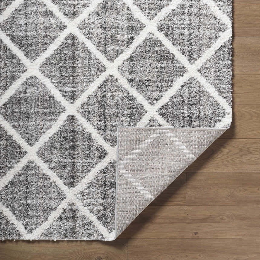 Close-up of the Anuhea Light Gray Area Rug showing diamond trellis pattern and soft texture on wood floor. Fold
