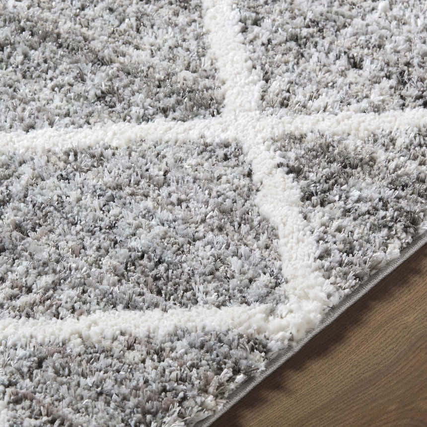 Close-up of the Anuhea Light Gray Area Rug showing its plush texture and white geometric pattern. Texture