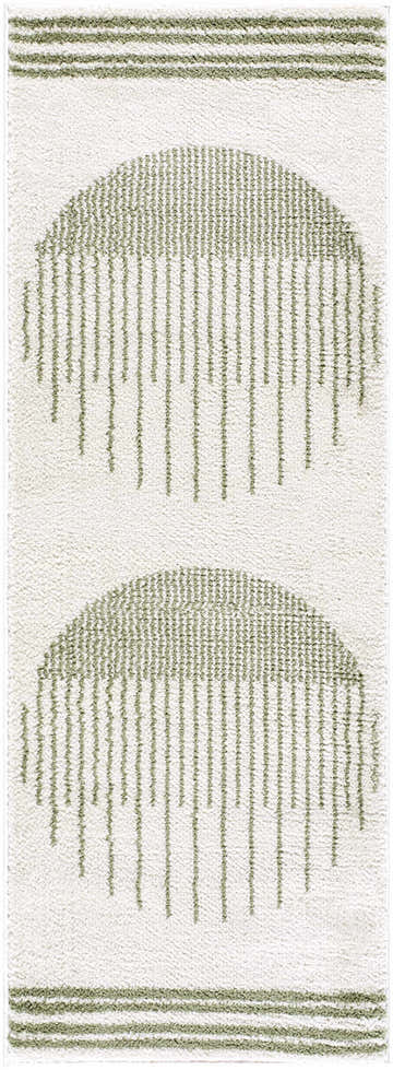 Close-up of the Apichu Green Washable Area Rug, featuring a lime green geometric pattern on a white textured background. Design-Runner-2773