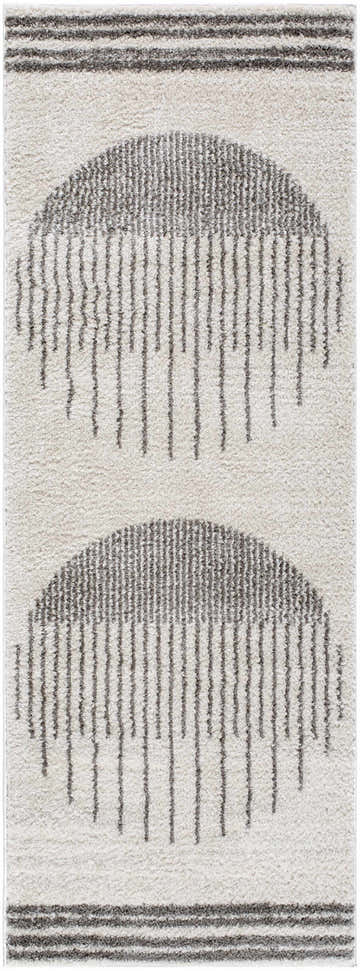 Close-up of the Apichu Charcoal Washable Area Rug, featuring a geometric half-circle pattern and charcoal lines on a cream background. Design-Runner-2773