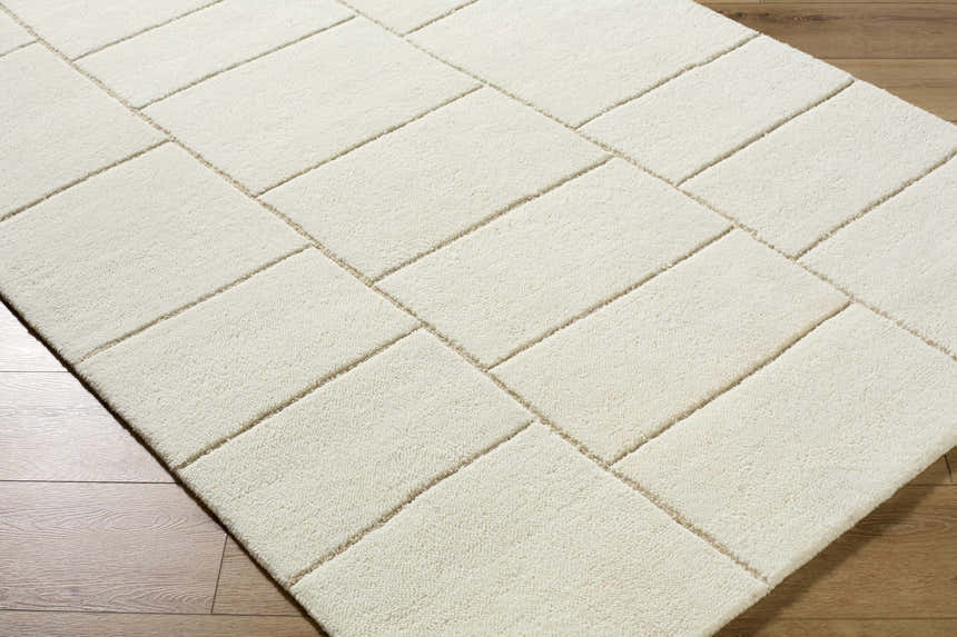 Close up of the Xylia Beige Area Rug showing its hand tufted wool texture and contemporary block design. Corner