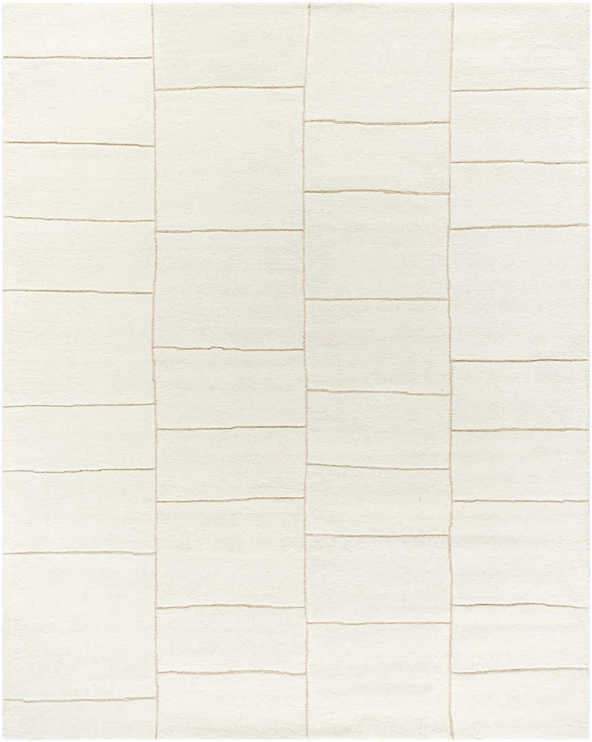 Close-up of the hand-tufted Xylia Beige Area Rug. Light silver and off-white wool rug with a contemporary rectangular pattern. Design-Rectangle-810