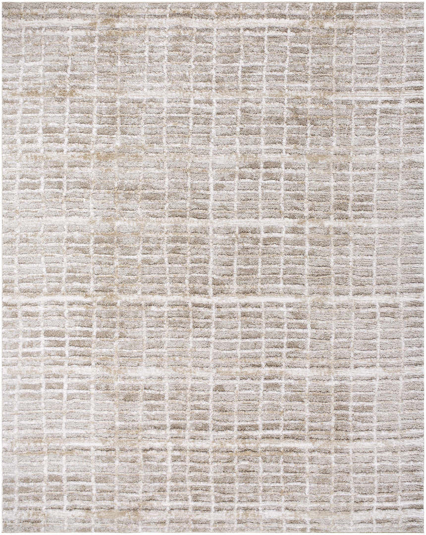 Close-up of Ayashe Shag Area Rug. Light beige, off white, and tan shag rug with a textured geometric pattern. Design-Rectangle-71010