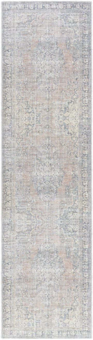 Close-up of the Yachi Washable Area Rug. Traditional farmhouse style with gray, silver, and prairie dust tones. Machine woven texture. Design-Runner-2710