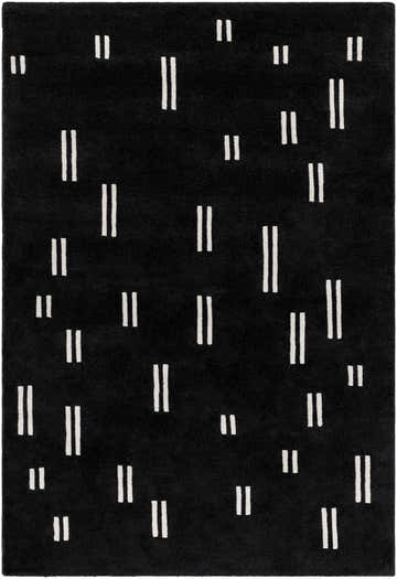 Close-up of the Yitta Onyx Area Rug. Contemporary style, hand-tufted wool rug in ivory and onyx with a simple linear pattern. Design-Rectangle-576