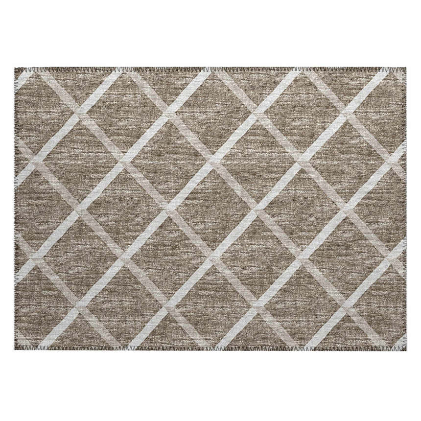 Close-up of Dalyn Machine Indoor/Outdoor York YO1 Taupe Washable Area Rug with beige, ivory, and light brown diamond pattern.