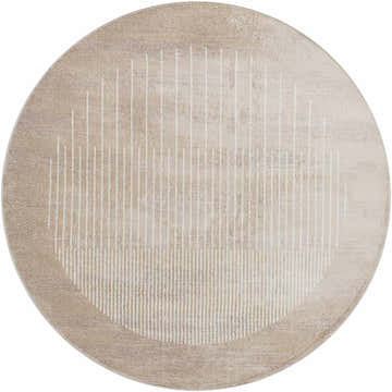 Close-up of the round Yoad Geometric Mocha Area Rug. Features a mocha base with a bone geometric line pattern. Contemporary style. Design-Round-67