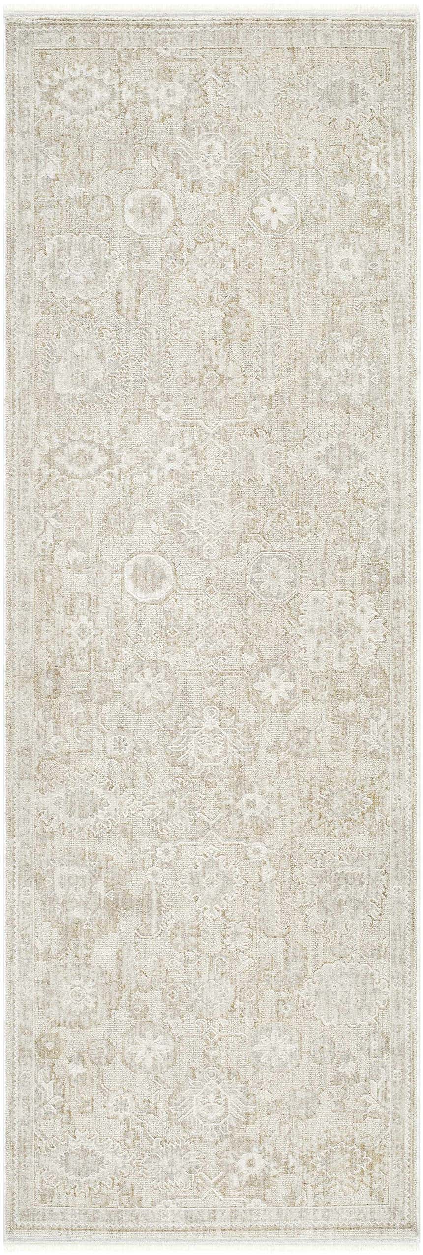 Close-up of the Yonca Luxe Rug in ash and light silver, showcasing its traditional, floral-inspired pattern and soft texture. Design-Runner-27710