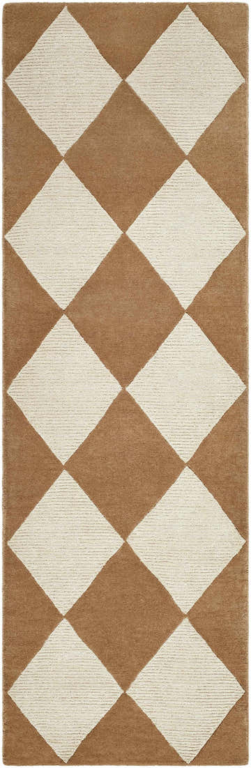 Close-up of the Aradia Tan Area Rug, a hand-tufted wool rug with a contemporary diamond pattern in tan and cream. Design-Runner-268