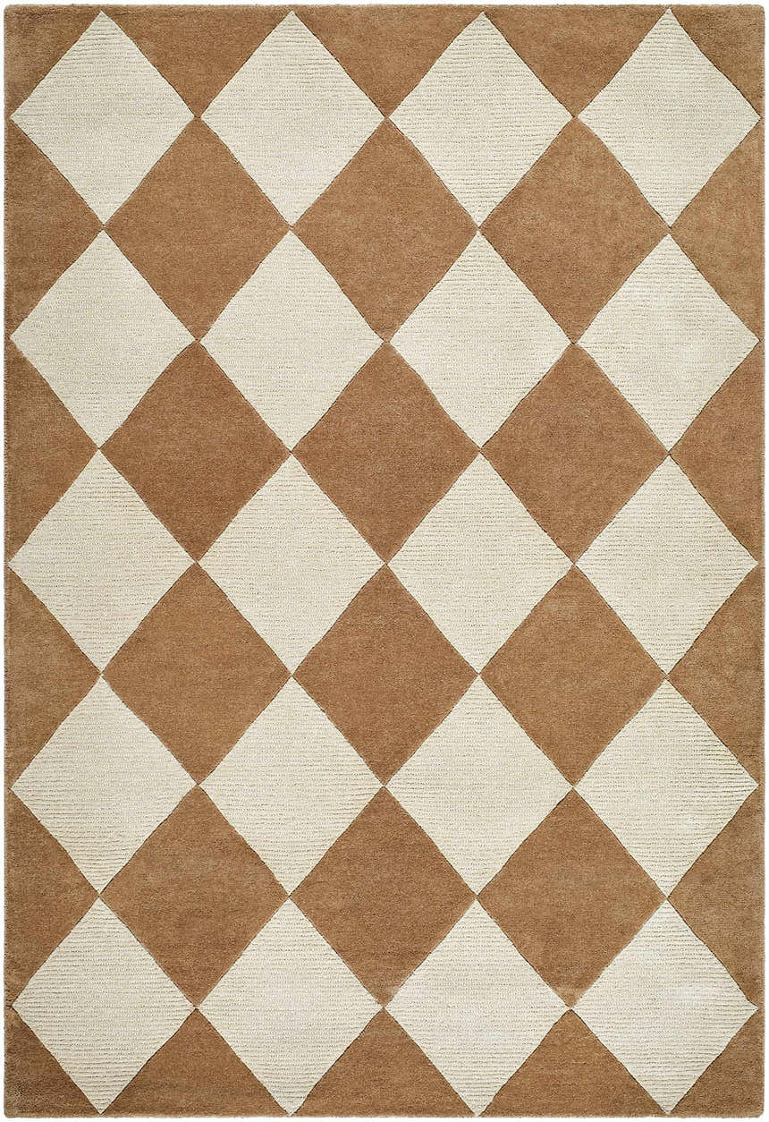 Close-up of the Isaac Handmade Vivir x LIVABLISS VVIS-2300 area rug. Tan and ivory diamond pattern, hand-tufted wool texture. Design-Rectangle-576
