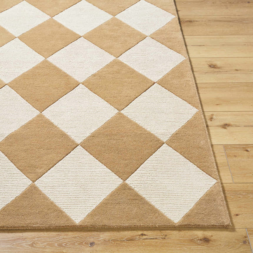 Close up of the Aradia Tan Area Rug showing the diamond pattern and wool texture. Front