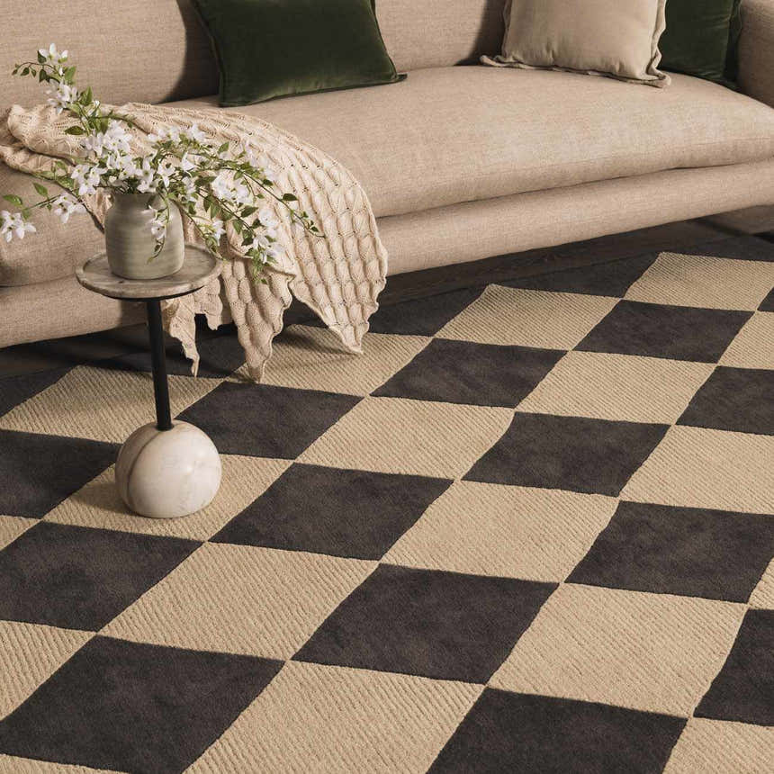 Living room scene with a beige sofa and the Aradia Charcoal Area Rug featuring a bold, modern checkerboard pattern. Styleshot