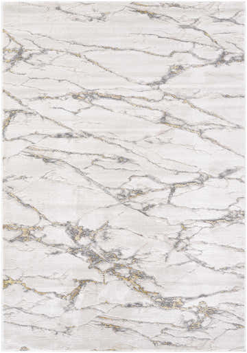 Close-up of Zelah Area Rug. Contemporary design with beige, charcoal, and gold marble-like pattern. Machine woven texture. Design-Rectangle-537