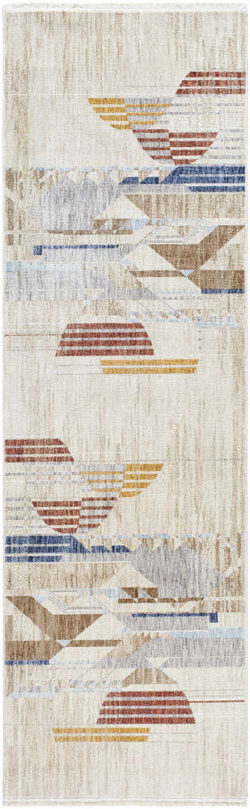 Close-up of the Zanna Area Rug. Contemporary design with burnt orange, dark red, gray, ice blue, and white geometric patterns. Design-Runner-3210
