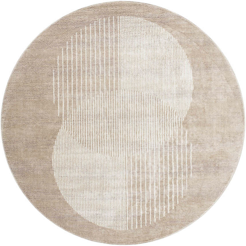 Round Zeke Area Rug, bone and beige, featuring a contemporary geometric design with vertical lines and circles. Design-Round-67