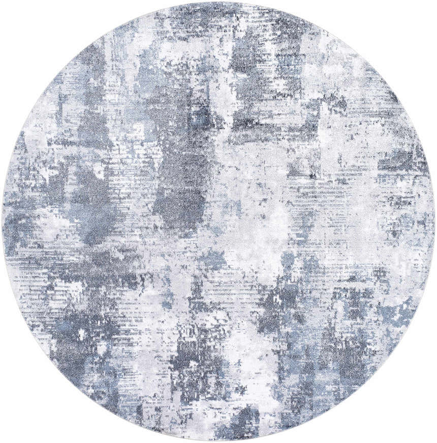 Round Anitra Off White Washable Area Rug with a contemporary abstract design in navy and off-white hues. Design-Round-67