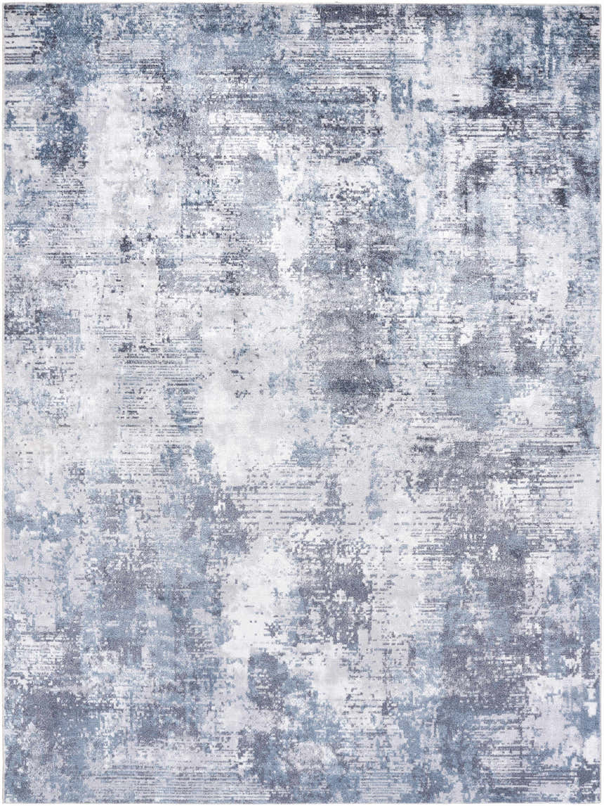 Close-up of the Anitra Off White Washable Area Rug. Features a contemporary abstract design in navy and off-white tones. Design-Rectangle-710102