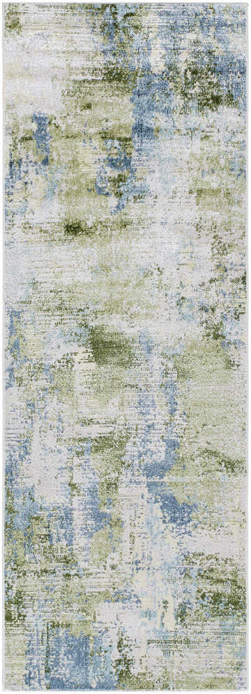 Close-up of the Anitra Green Washable Area Rug. Features a contemporary abstract design in green, light brown, and navy hues. Design-Runner-2773