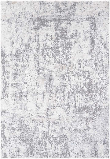 Close-up of Alviva area rug with a contemporary abstract design in charcoal, gray, ivory, peach, and white. Design-Rectangle-527