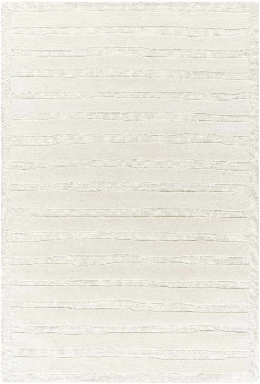 Close-up of the Zerah White Wool Area Rug featuring a subtle horizontal striped pattern and soft, textured wool. Design-Rectangle-576