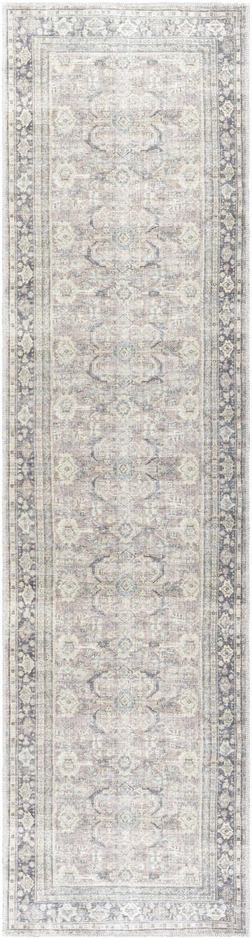 Close-up of a Zahar Washable Area Rug. Traditional design in light silver, silver gray, and warm gray hues. Machine woven texture. Design-Runner-2710