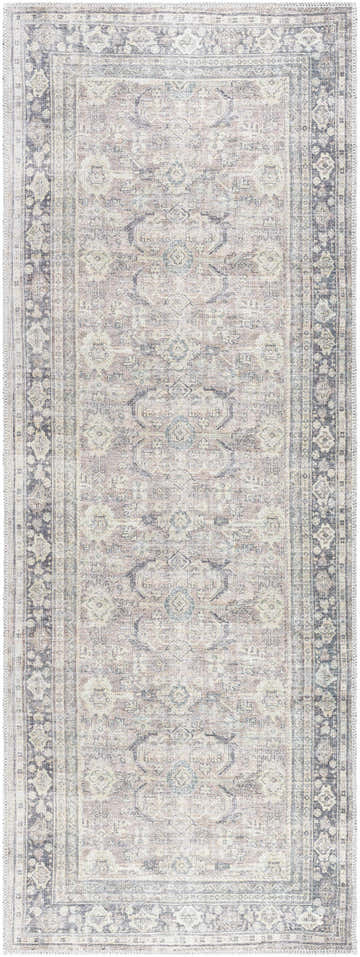 Detailed view of the Zahar Washable Area Rug. Farmhouse style rug in light silver, silver gray, and warm gray with traditional patterns. Design-Runner-2773