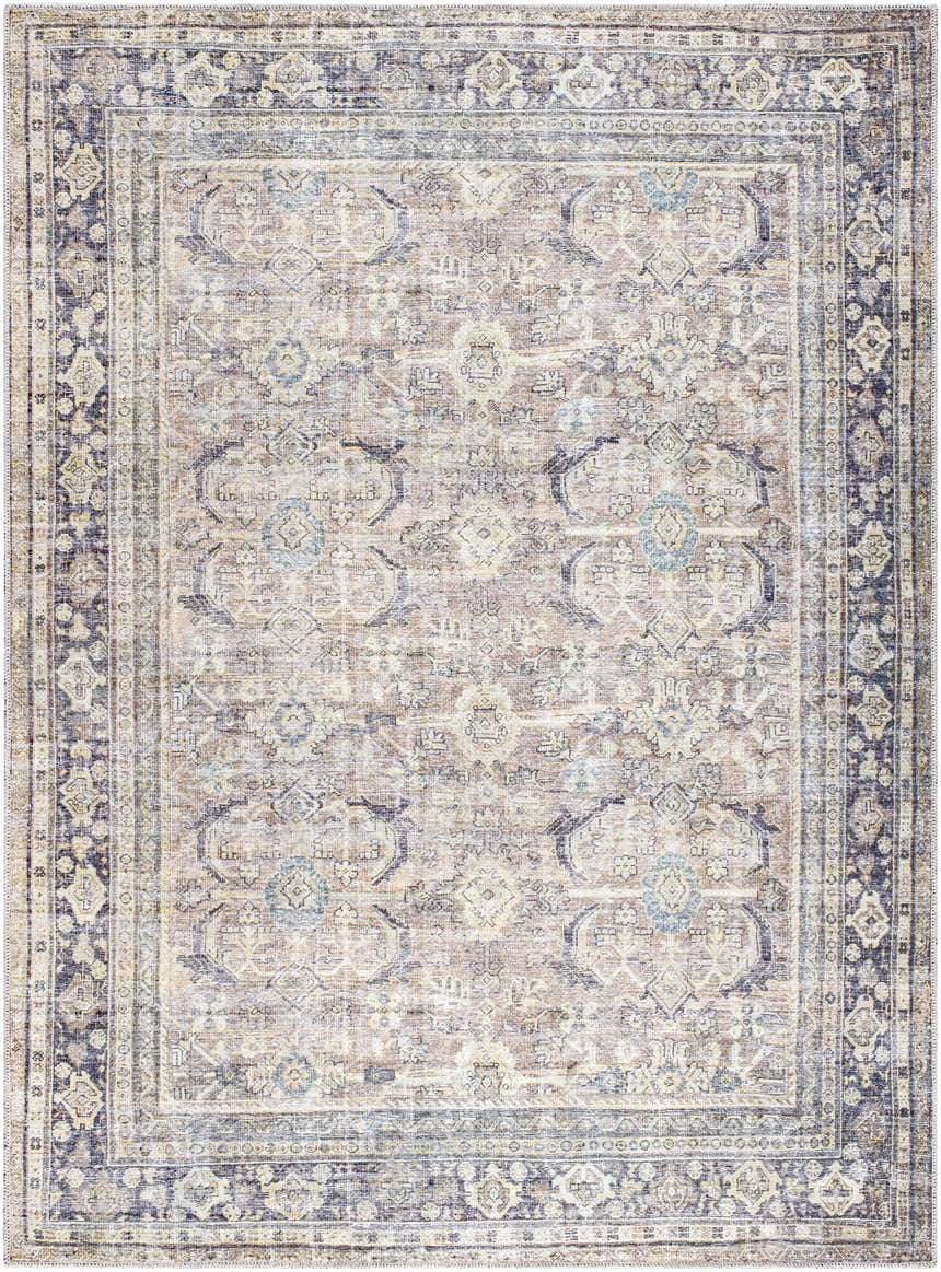 Detailed view of the Zahar Washable Area Rug. Light silver, silver gray, and warm gray traditional farmhouse design. Design-Rectangle-537