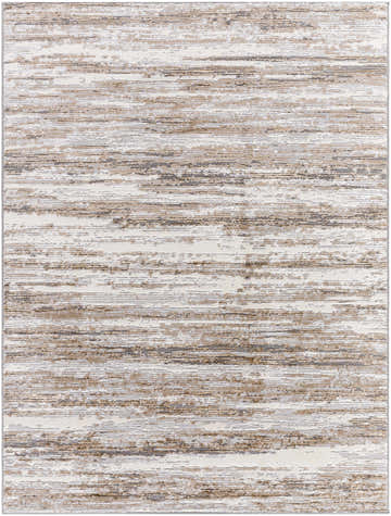 Close-up of the Aminia Area Rug, a contemporary rug with charcoal, gray, and light brown horizontal striations. Design-Rectangle-527