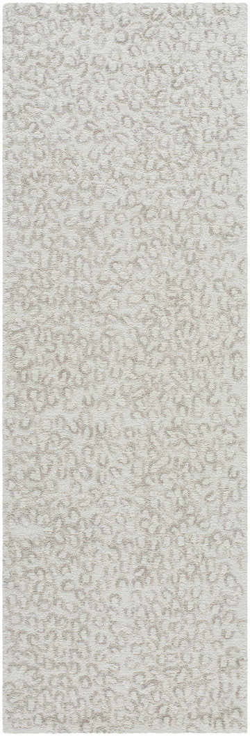 Close-up of the hand-tufted Zayit Area Rug. Light silver wool rug with a subtle sterling gray contemporary pattern. Design-Runner-268