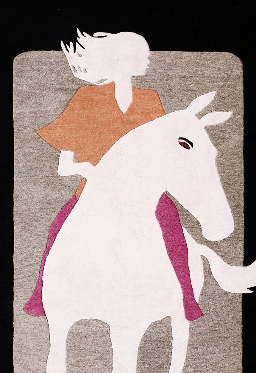 A Women Rider Horse Ivory And Black Hand Tufted 5x8 Wool Area Rug