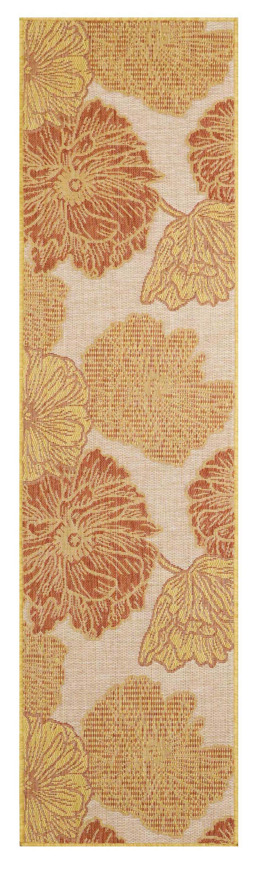 Close-up of the Nourison Garden Oasis Coral Tropical Area Rug, featuring a coral and yellow floral pattern.