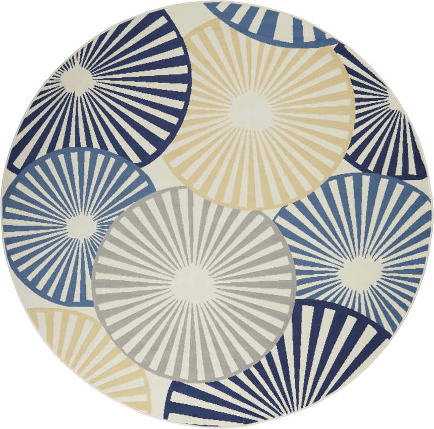 Round Nourison Grafix White rug with a contemporary sunburst pattern in navy, light blue, beige, and gray.