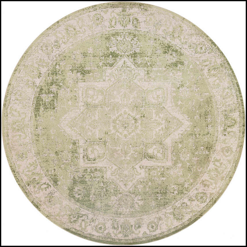 Close-up of the round Nourison Astra Ivory Green rug. Vintage design with chestnut accents. Machine-made texture.