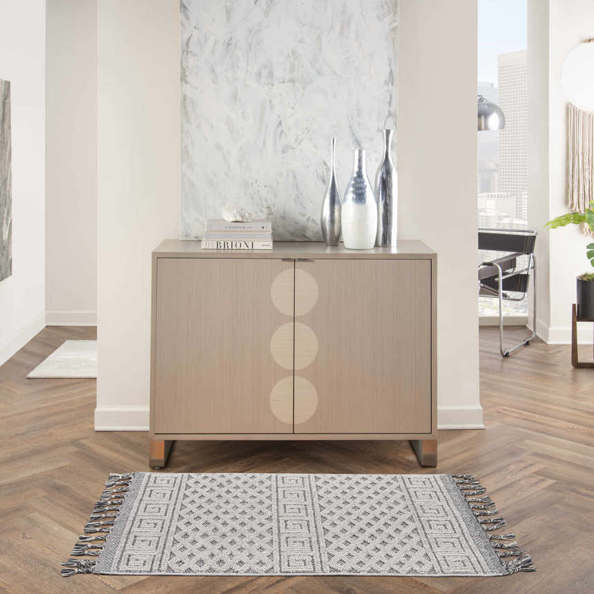 Entryway with Nourison Paxton Ivory/Slate rug, wood floors, and modern cabinet. Neutral tones create a calming, contemporary space.