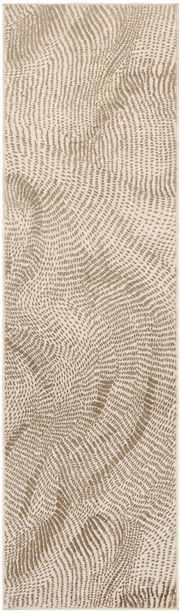 Close-up of the DKNY Central Park West beige brown rug. Features a modern, abstract wave pattern.