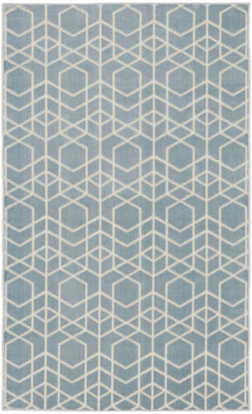 Close-up of Nourison Charm Blue Ivory rug. Geometric pattern, mid-century modern style, machine-made.