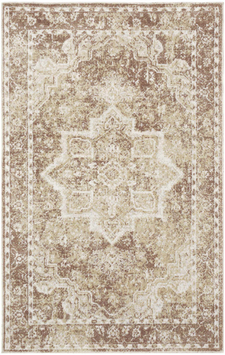 Close-up of Nourison Astra Rust Vintage rug. Machine-made with a distressed, traditional design in rust and beige tones.
