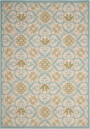 Close-up of Nourison Caribbean Ivory Blue Contemporary Area Rug featuring floral and scroll pattern.
