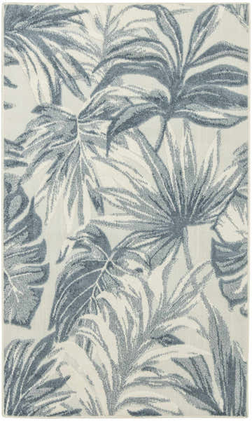Close-up of the Nourison Aloha Ivory Blue Area Rug featuring a blue tropical leaf pattern on an ivory background.