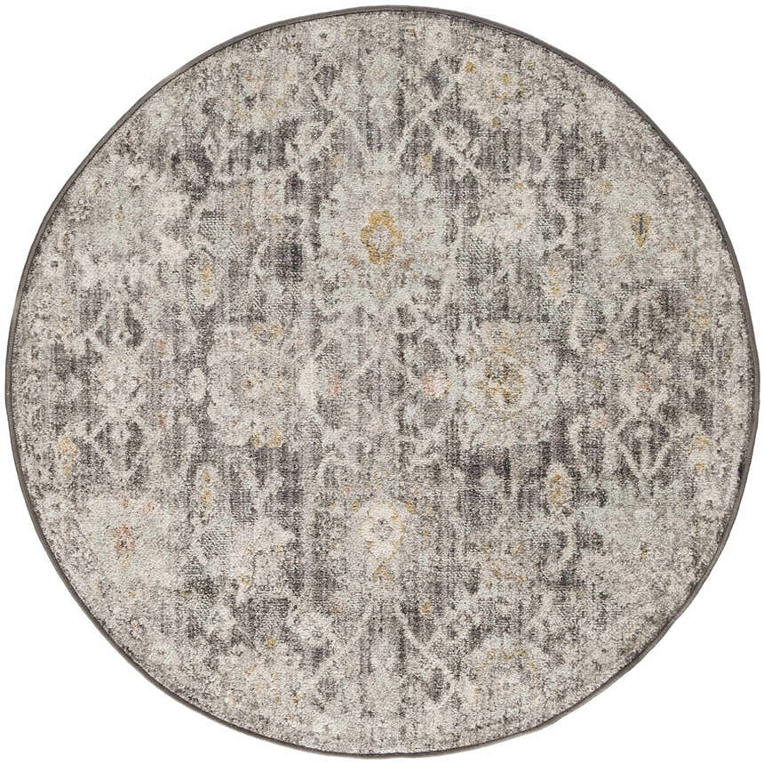 Round Nourison Oushak Home Charcoal Vintage Area Rug with taupe floral pattern and distressed texture.
