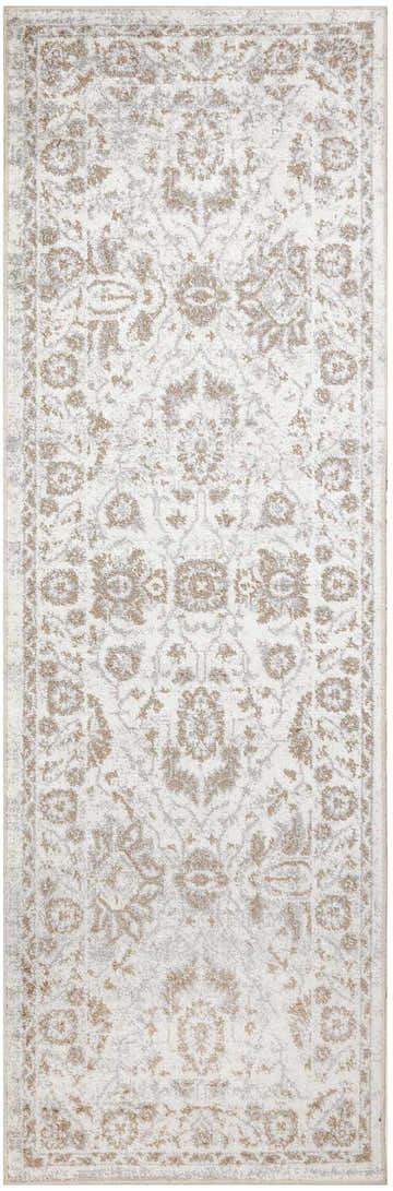 Close-up of Nourison Astra Grey Vintage Rug. Machine-made polyester rug with neutral vintage floral pattern.