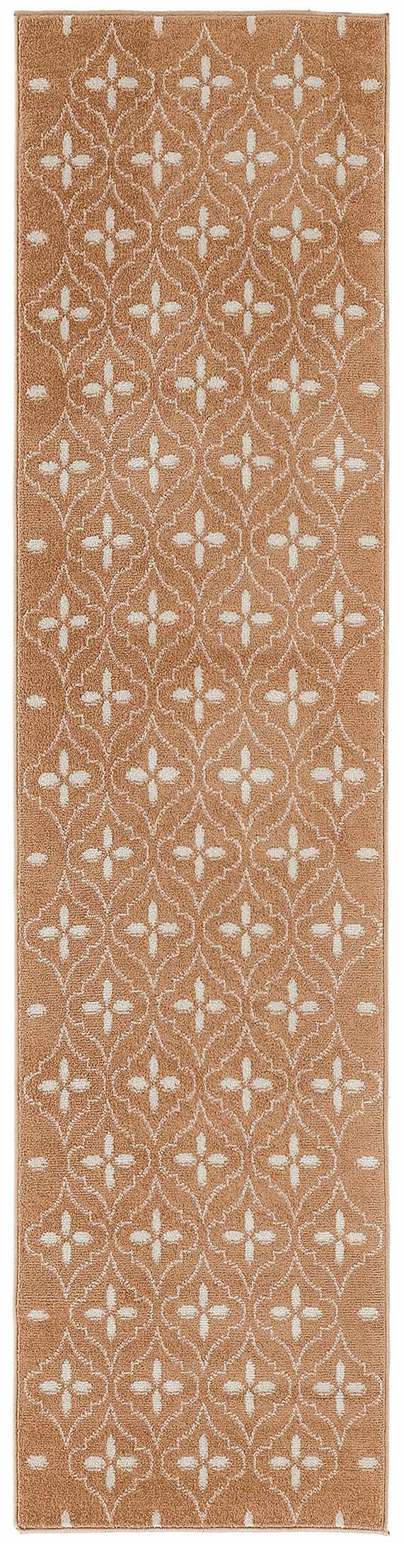 Close-up of Nourison Essentials Copper Modern Area Rug runner featuring a caramel and white geometric pattern.