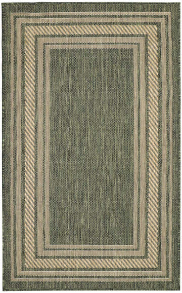 Close-up of the Nourison Horizon green area rug, featuring a geometric border pattern and woven texture.