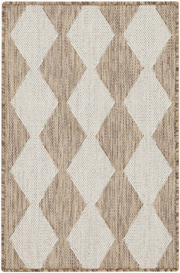 Close-up of the Nourison Positano Jute rug. Features a diamond pattern in jute and cream tones, woven texture.