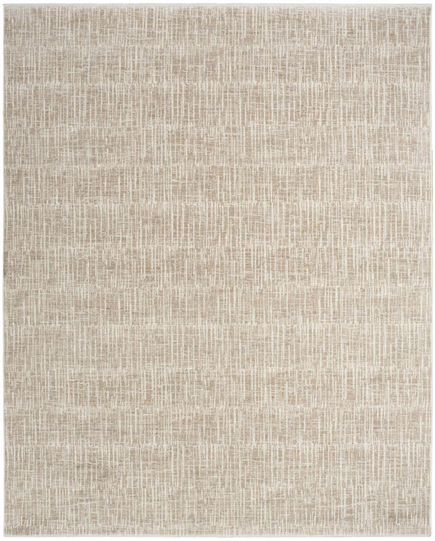 Close-up of Calvin Klein CK079 Notes Ivory Grey rug. Modern design with chestnut and ivory pattern. Rectangle shape.